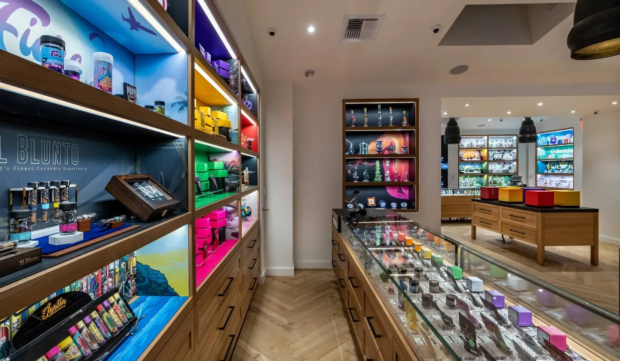 The accessories aisle at Caña Beverly, lit display niches along an oak wall